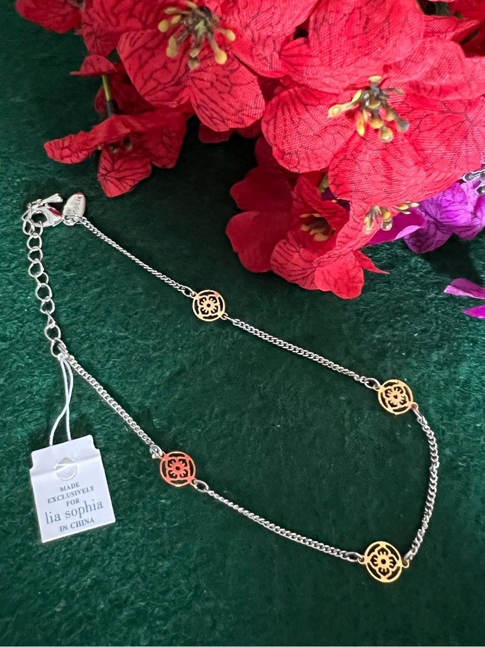 Lia Sophia Two-Tone Floral Medallion Ankle Bracelet 11”